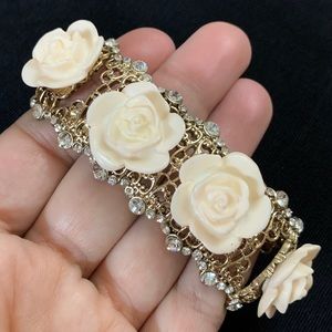 Vintage Pink Lucite Rose Flower Bracelet Gold Filigree Rhinestone Adjustable
